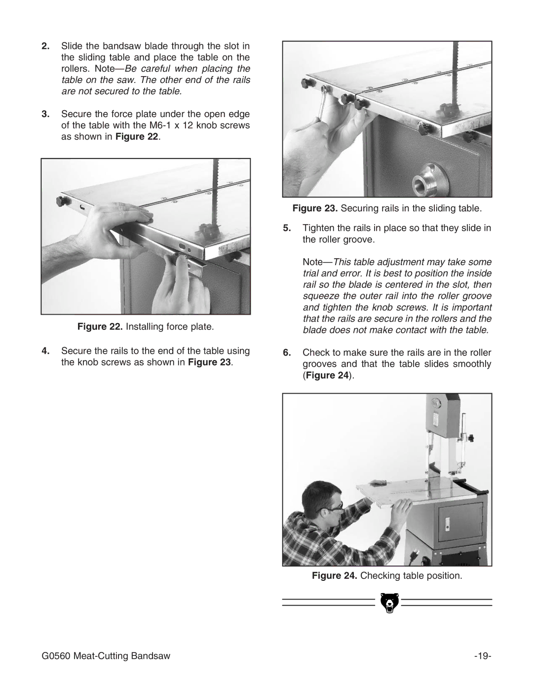 Grizzly instruction manual Checking table position G0560 Meat-Cutting Bandsaw 