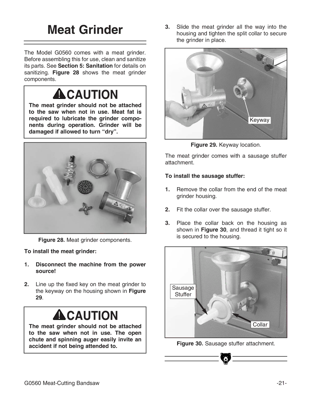 Grizzly G0560 instruction manual Meat Grinder, To install the sausage stuffer 