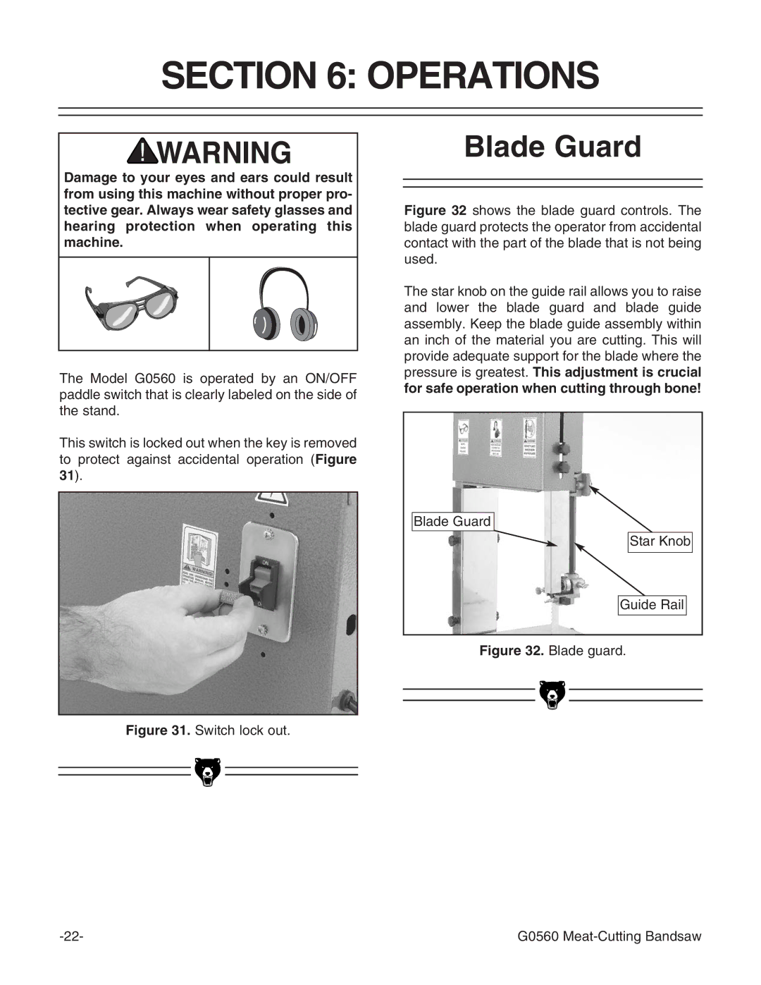 Grizzly G0560 instruction manual Operations, Blade Guard 