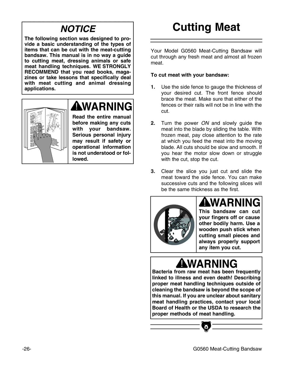 Grizzly G0560 instruction manual Cutting Meat, To cut meat with your bandsaw 