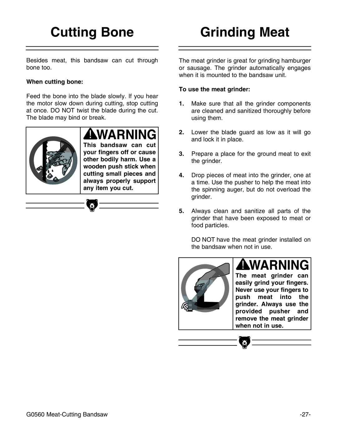 Grizzly G0560 instruction manual Cutting Bone Grinding Meat, When cutting bone, To use the meat grinder 