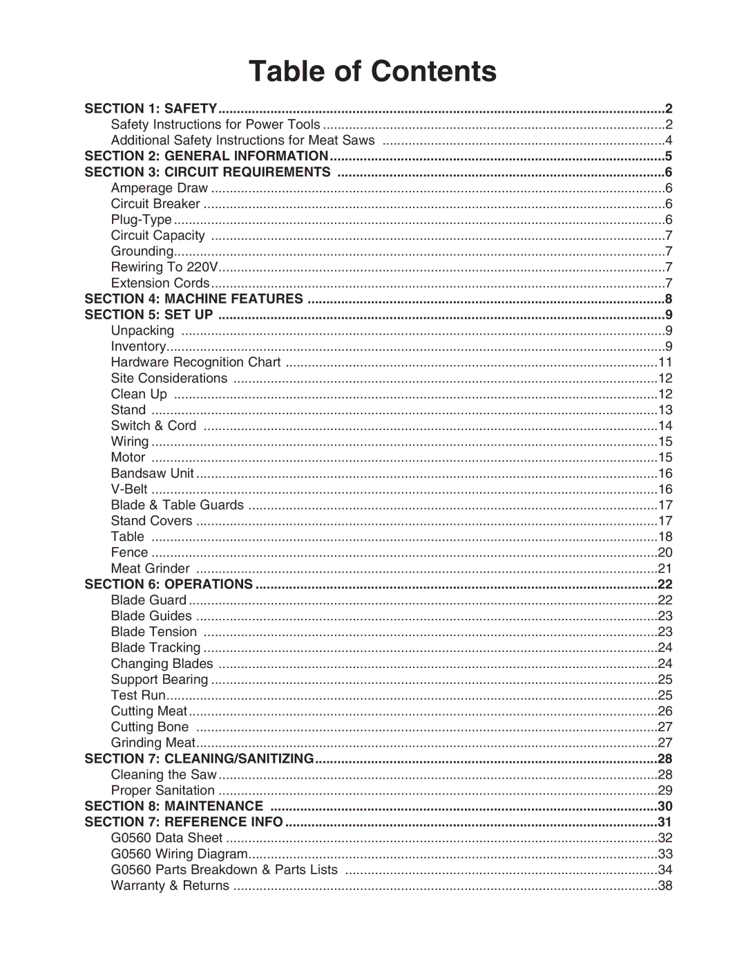 Grizzly G0560 instruction manual Table of Contents 