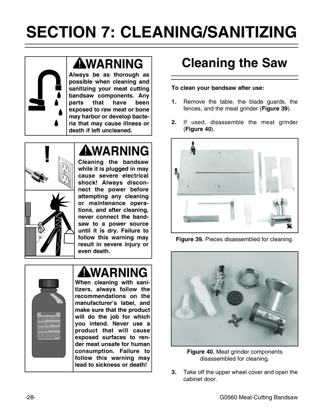 Grizzly G0560 instruction manual Cleaning/Sanitizing, Cleaning the Saw, To clean your bandsaw after use 