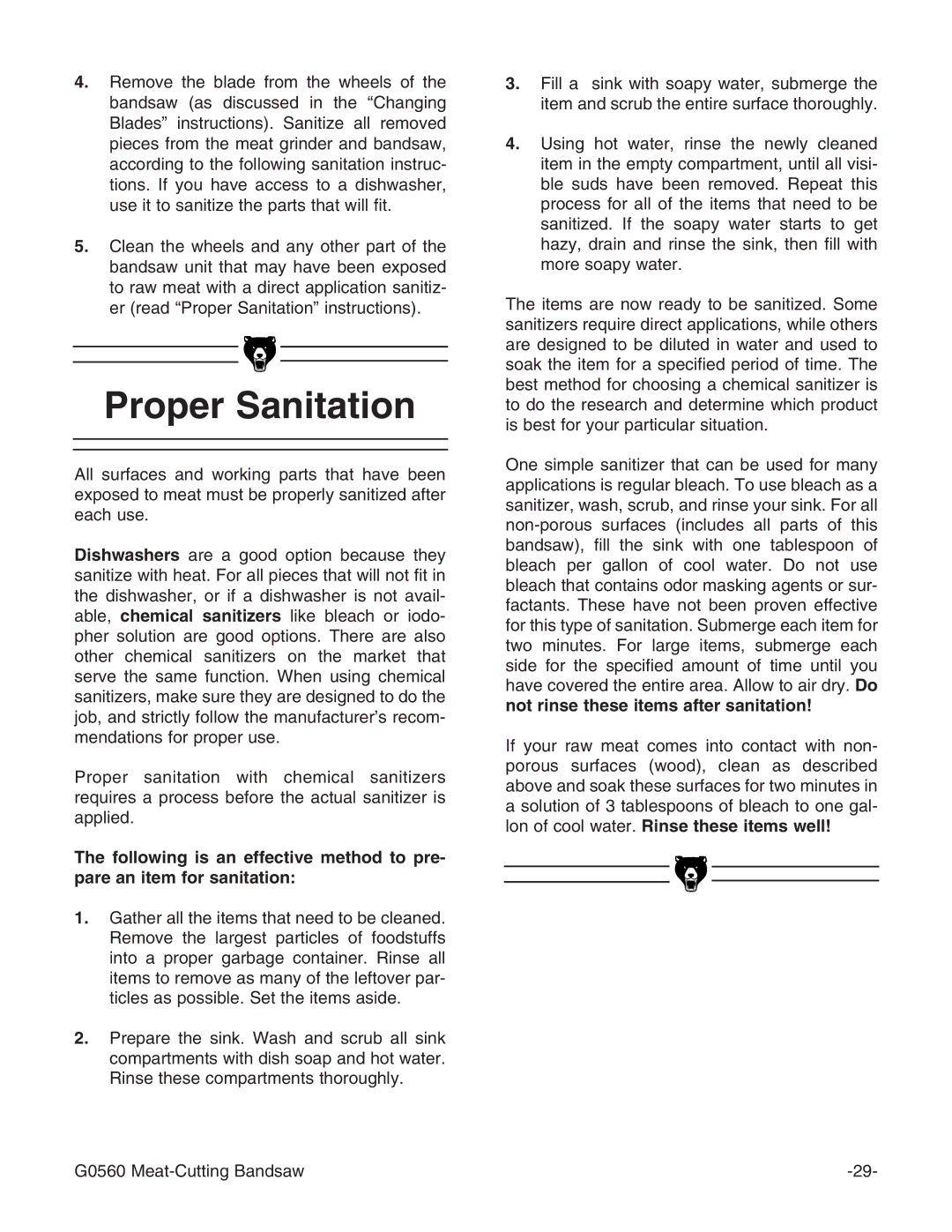 Grizzly G0560 instruction manual Proper Sanitation 