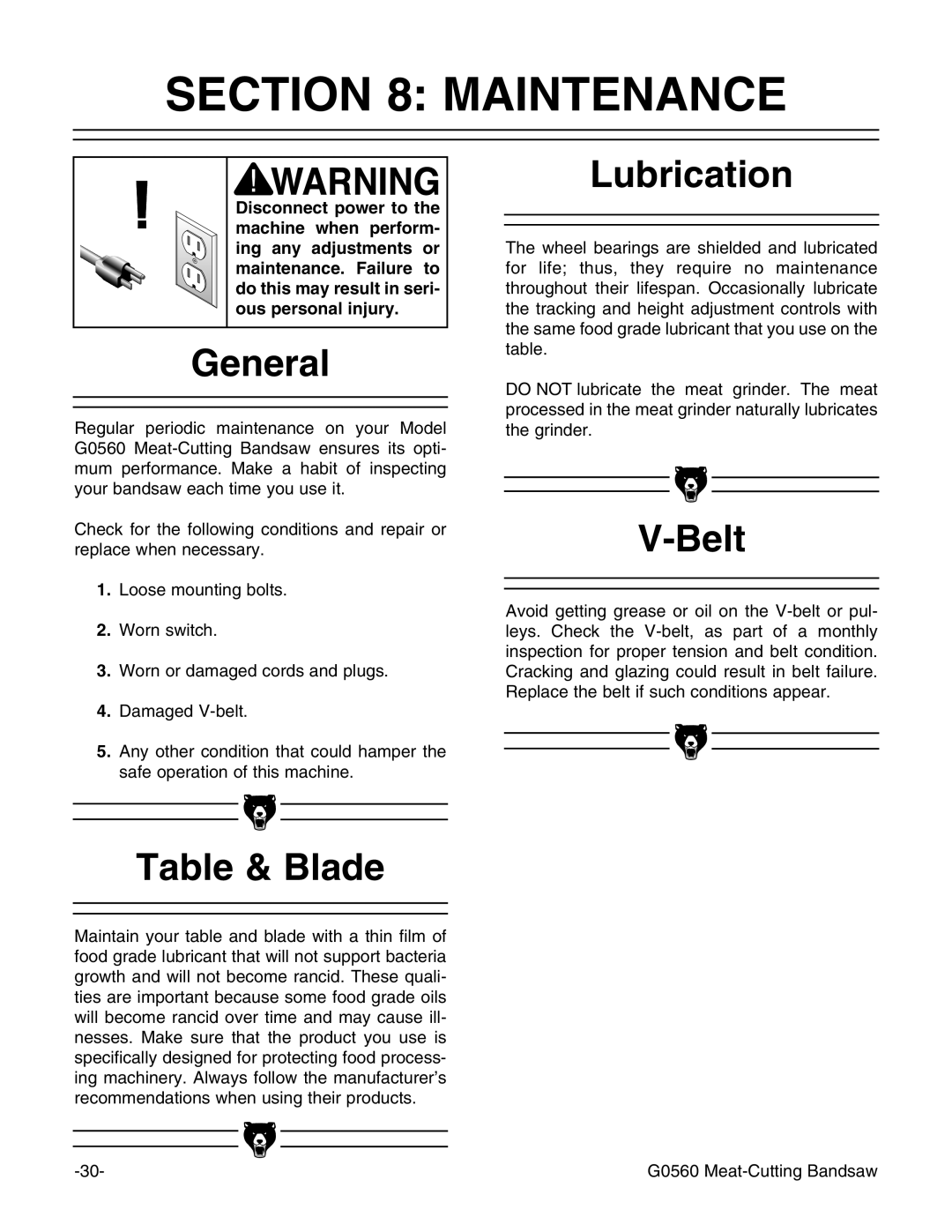 Grizzly G0560 instruction manual Maintenance, General, Table & Blade, Lubrication 