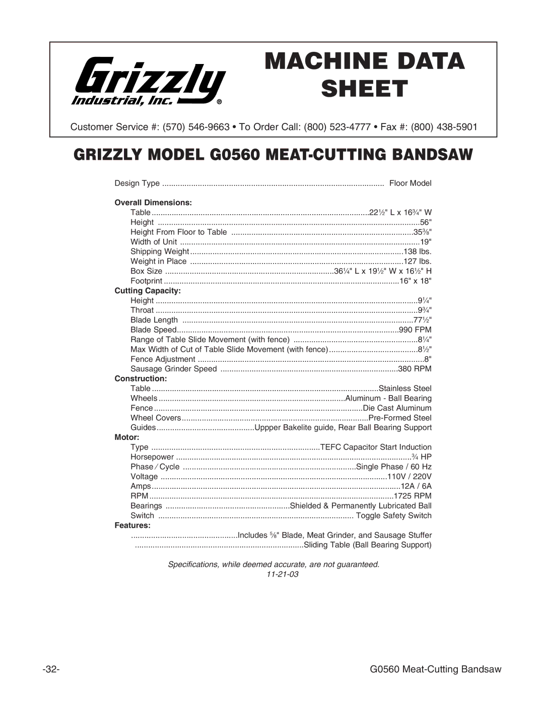 Grizzly G0560 instruction manual Machine Data Sheet 