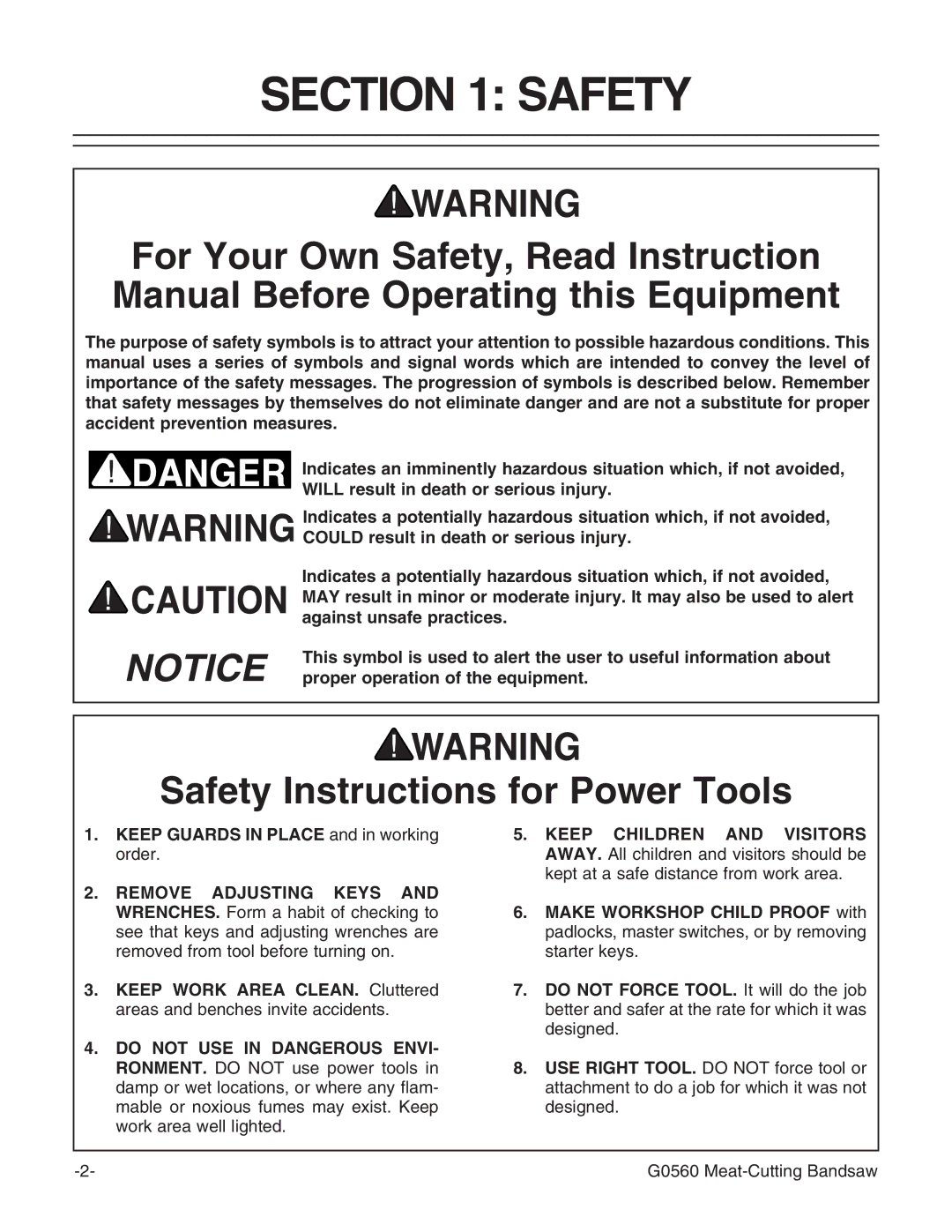 Grizzly G0560 instruction manual Safety Instructions for Power Tools 