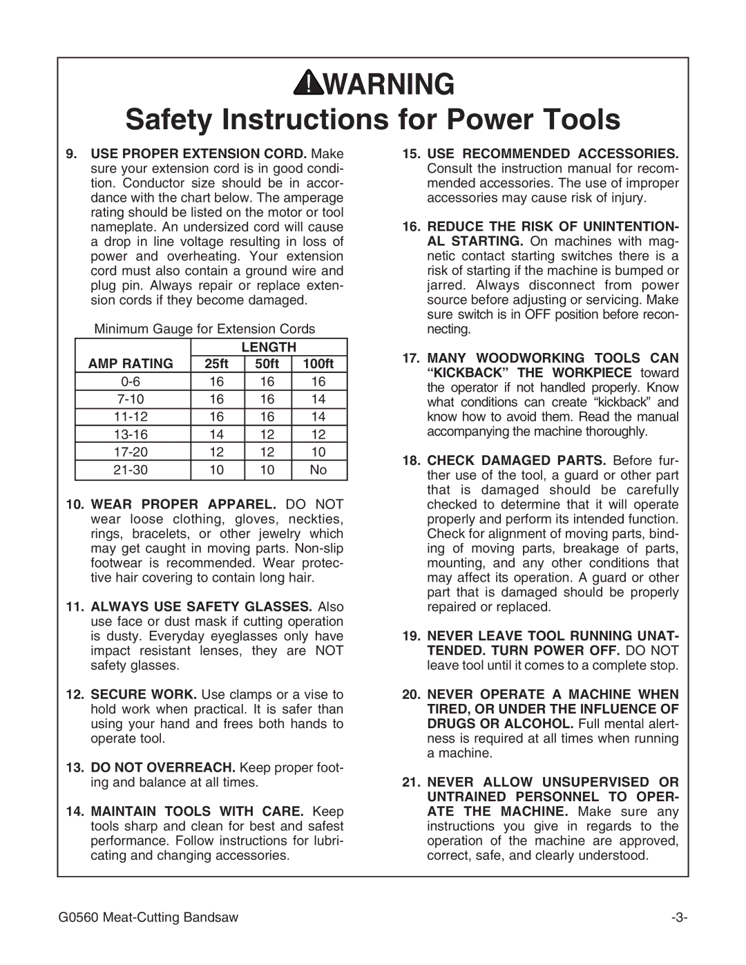 Grizzly G0560 instruction manual Length AMP Rating, 25ft 50ft 100ft 