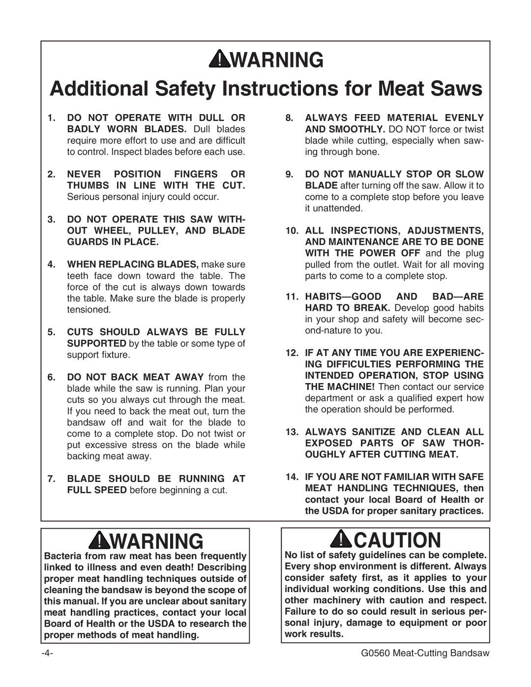 Grizzly G0560 instruction manual Additional Safety Instructions for Meat Saws 