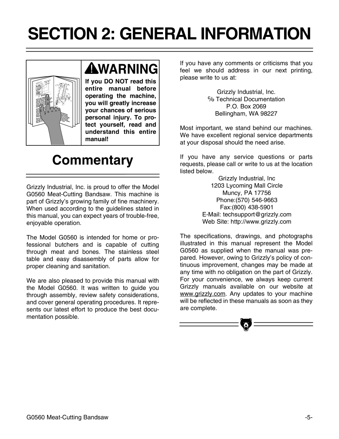 Grizzly G0560 instruction manual General Information, Commentary 