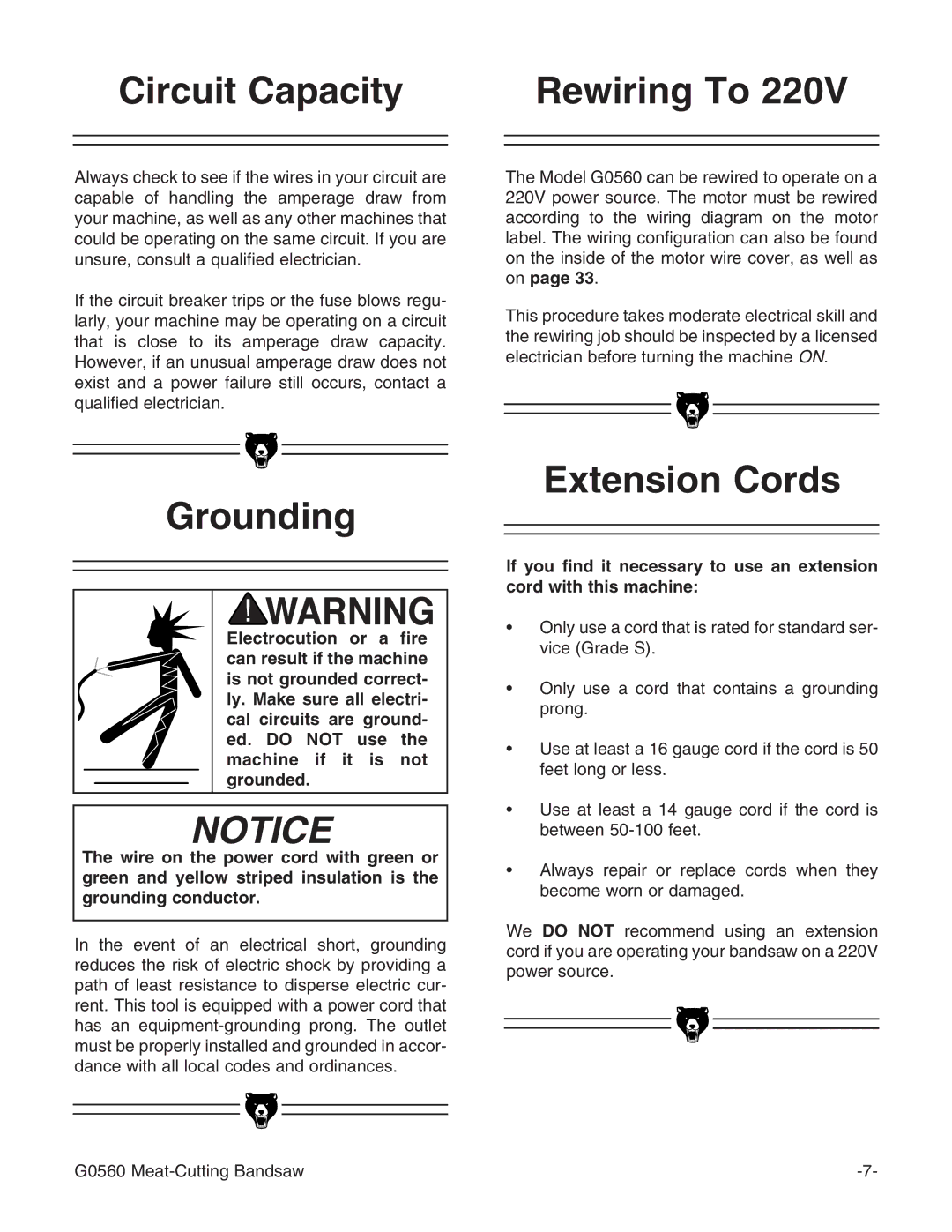 Grizzly G0560 instruction manual Circuit Capacity Rewiring To, Grounding, Extension Cords 