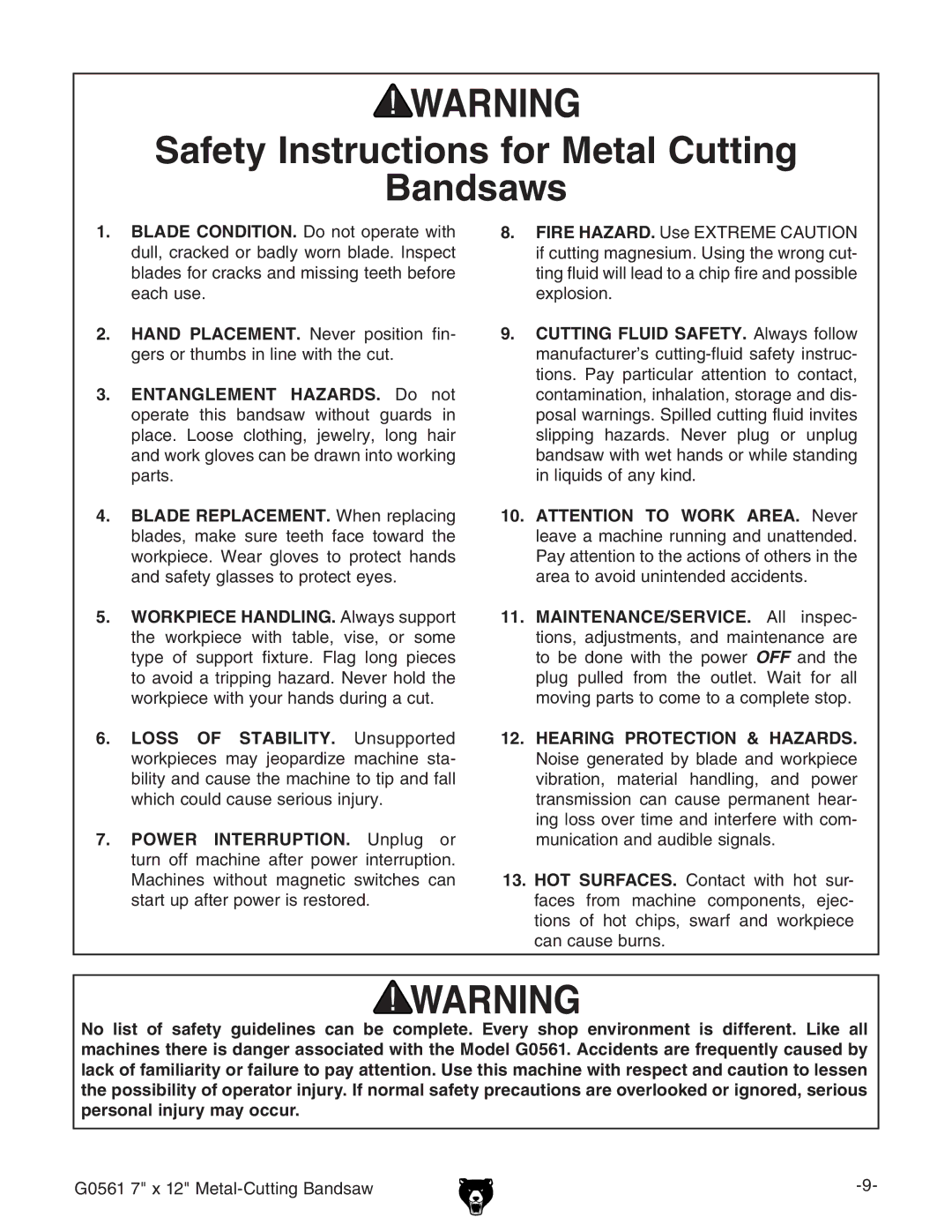 Grizzly G0561 owner manual Safety Instructions for Metal Cutting Bandsaws 