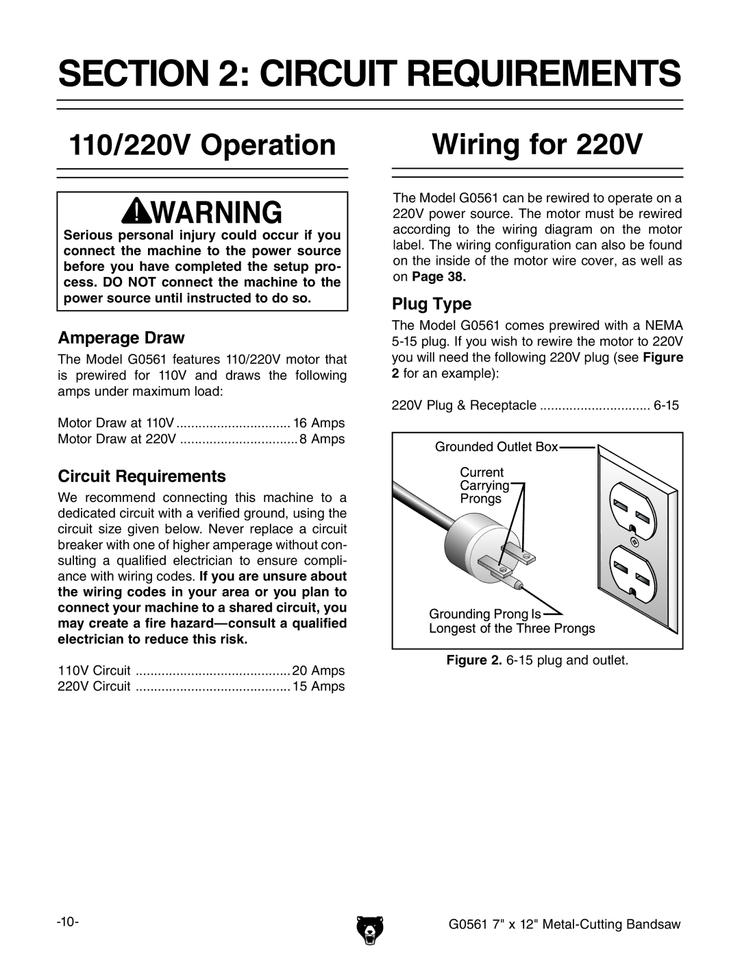 Grizzly G0561 owner manual Circuit Requirements, 110/220V Operation, Wiring for 