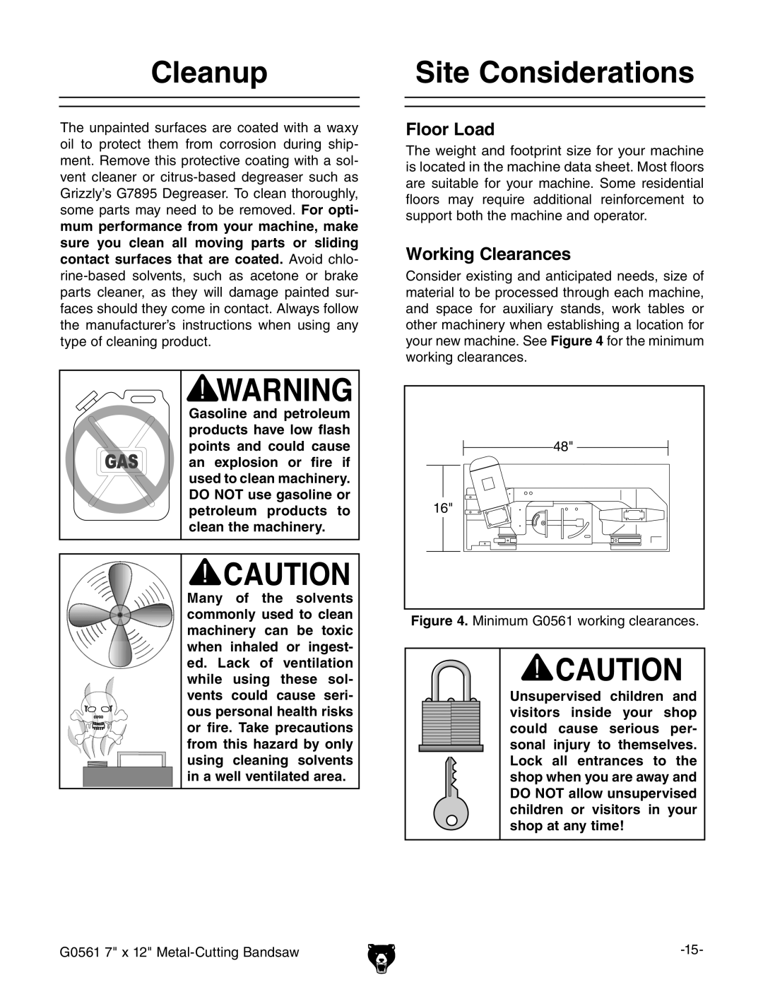 Grizzly G0561 owner manual Cleanup, Site Considerations 