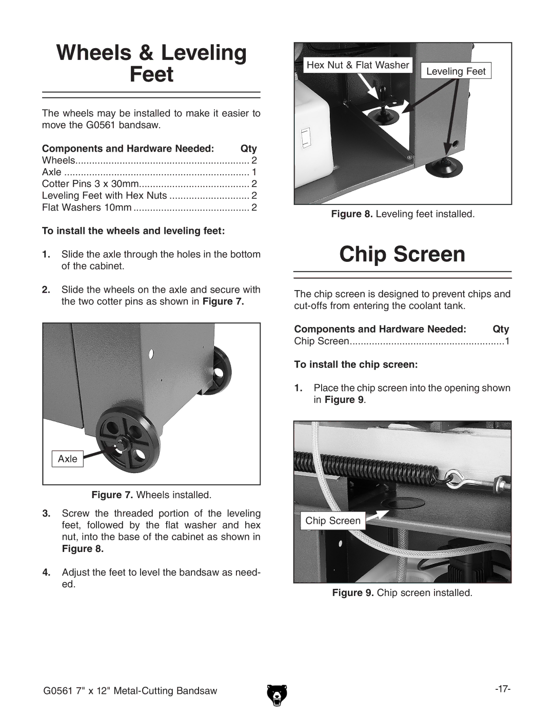 Grizzly G0561 Wheels & Leveling Feet, Chip Screen, To install the wheels and leveling feet, To install the chip screen 