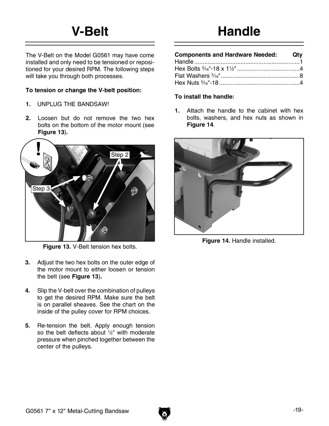 Grizzly G0561 owner manual Belt, Handle, To tension or change the V-belt position, To install the handle 