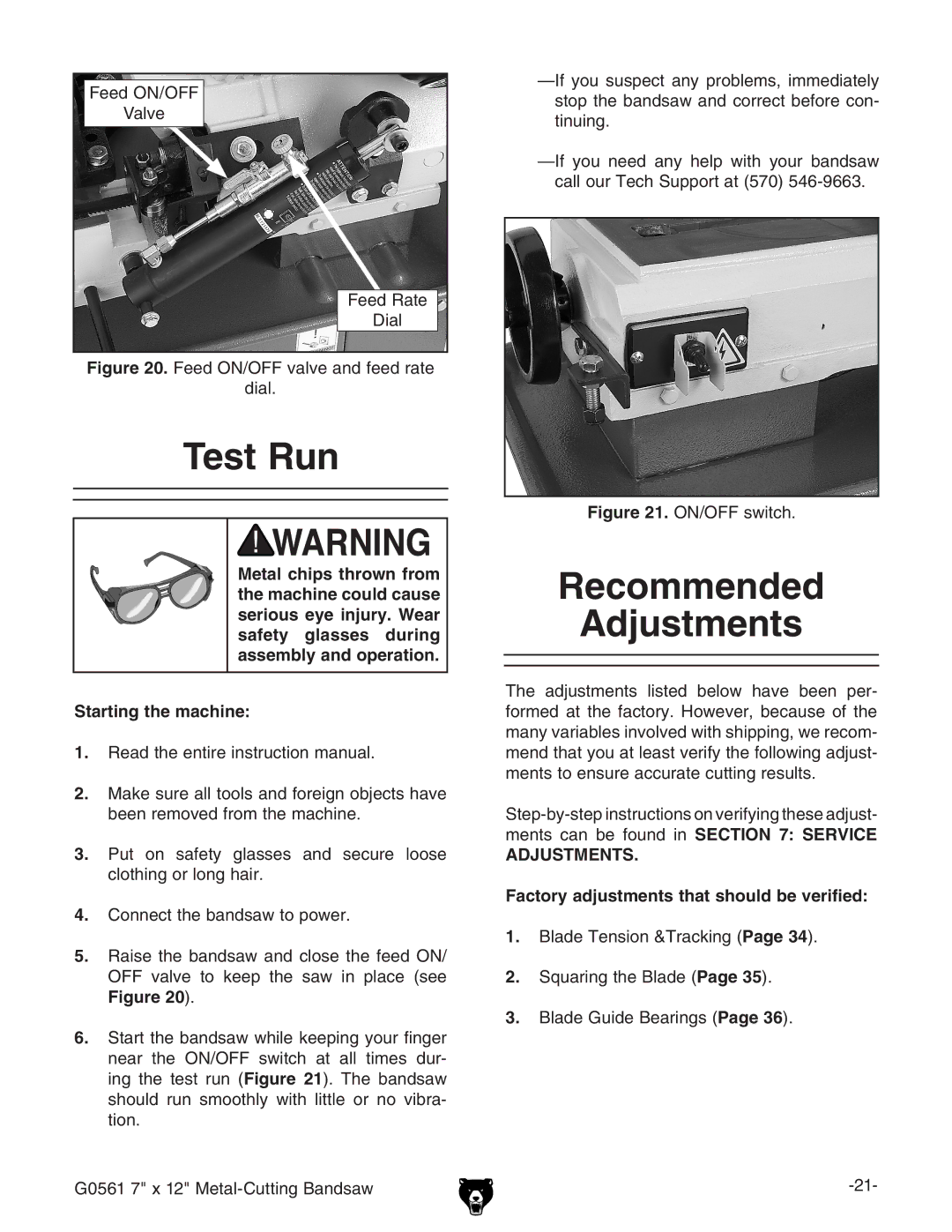 Grizzly G0561 owner manual Test Run, Recommended Adjustments, Factory adjustments that should be verified 