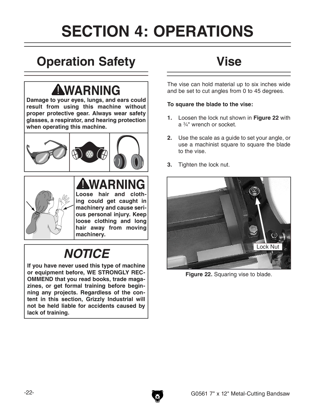 Grizzly G0561 owner manual Operations, Operation Safety Vise, To square the blade to the vise 