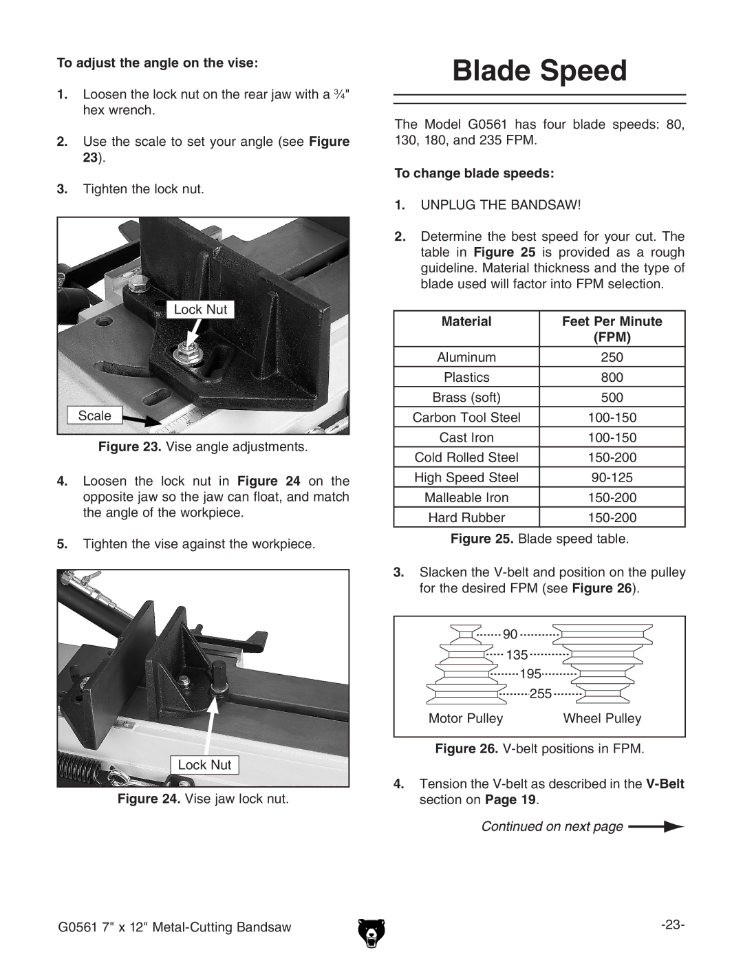 Grizzly G0561 owner manual Blade Speed, To adjust the angle on the vise, To change blade speeds 