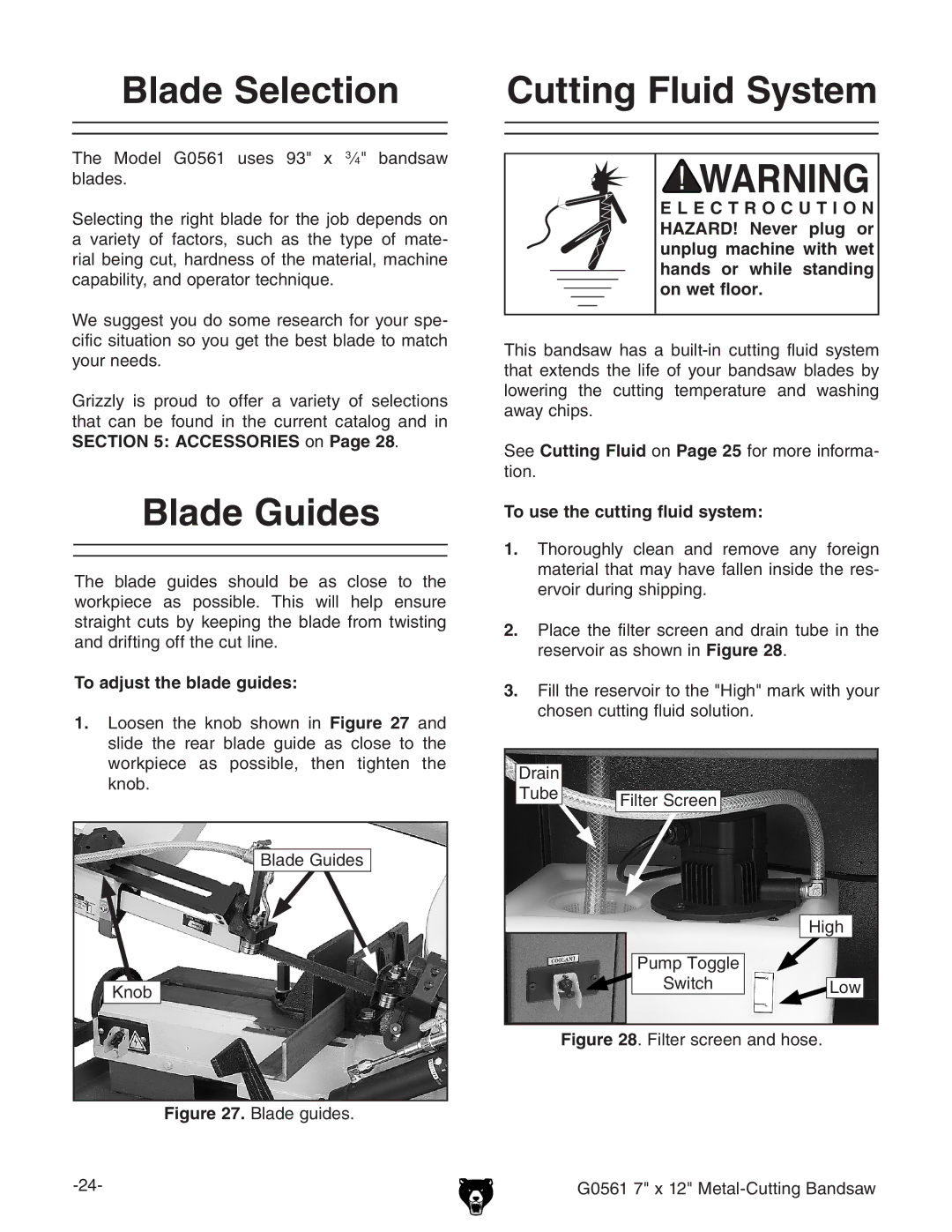 Grizzly G0561 owner manual Blade Selection, Blade Guides, Cutting Fluid System, E C T R O C U T I O N 