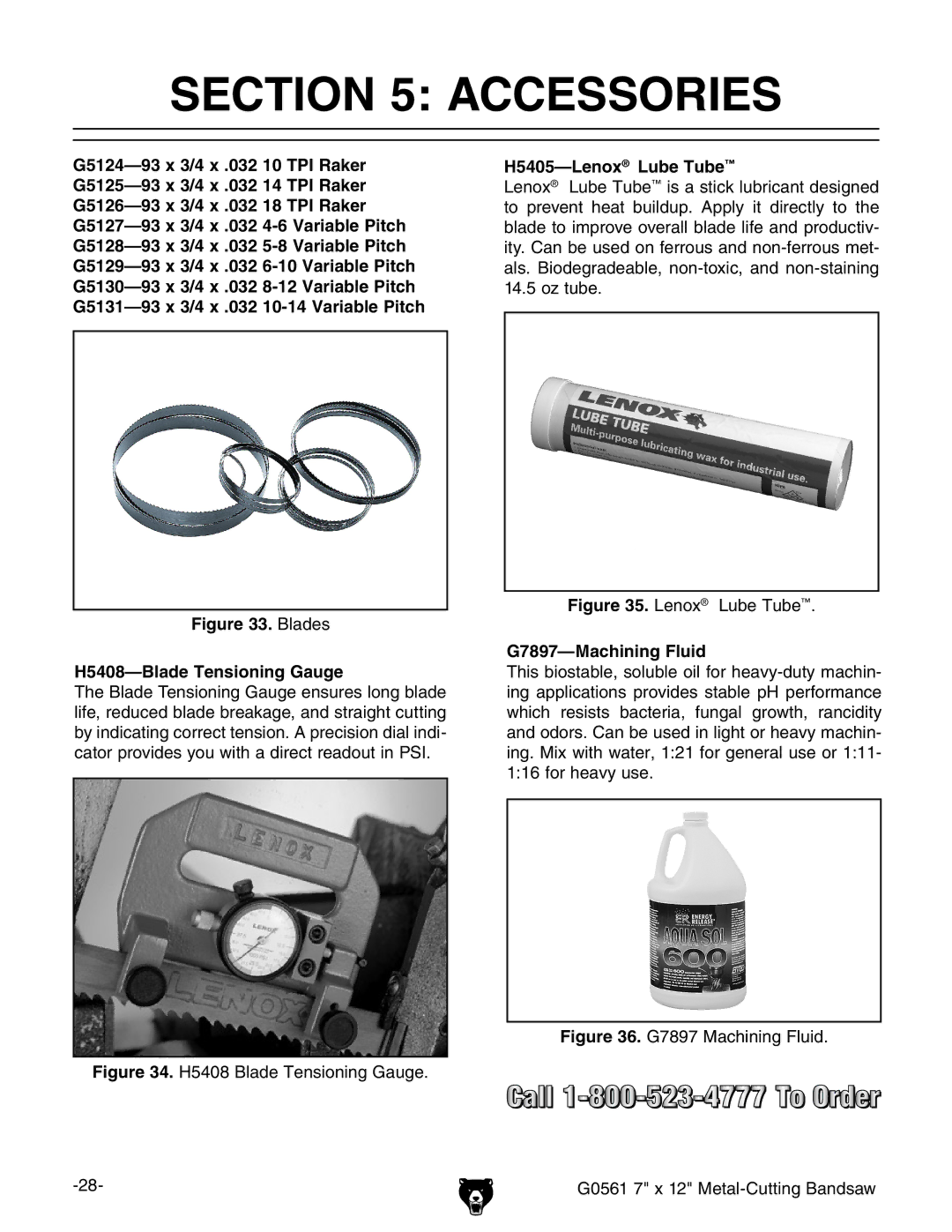 Grizzly G0561 owner manual Accessories, H5405-LenoxLube Tube, G7897-Machining Fluid 