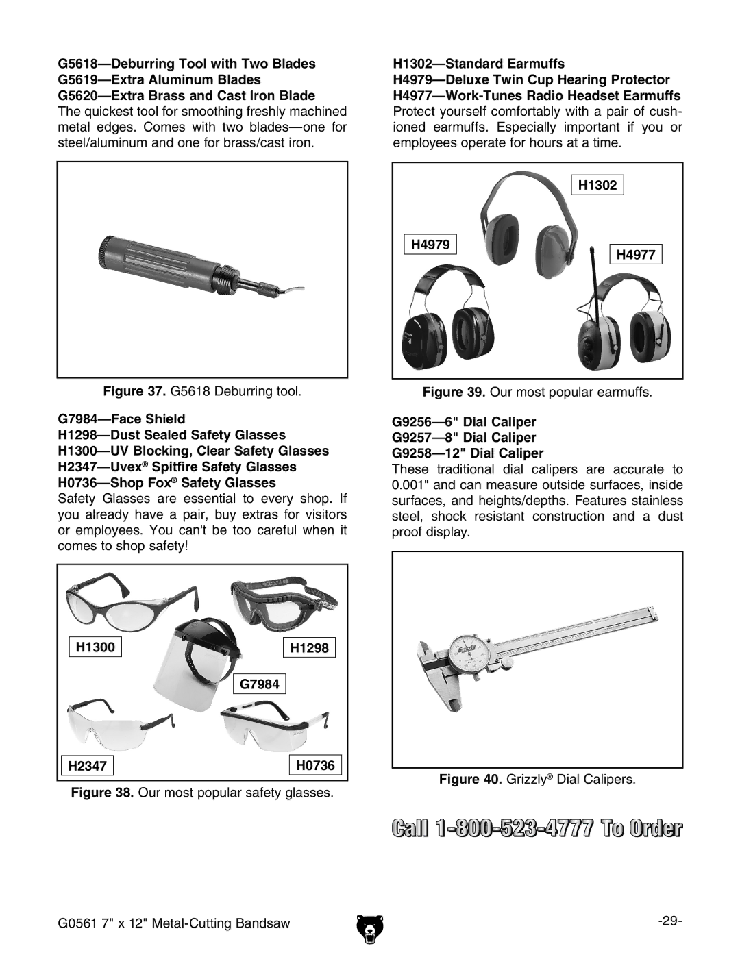 Grizzly G0561 owner manual H1302-Standard Earmuffs, H1302 H4979 H4977, H1300 H1298 G7984 H2347 H0736 