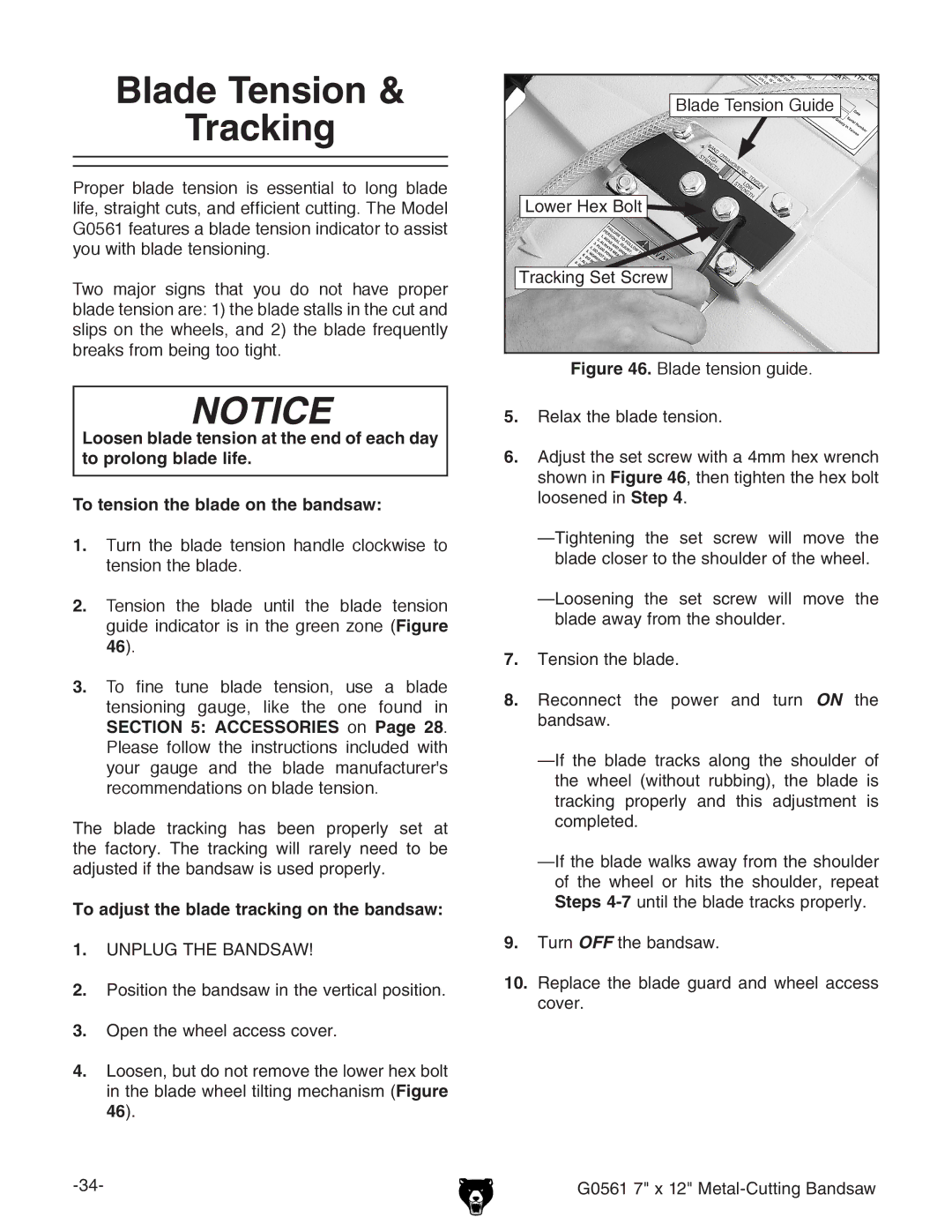 Grizzly G0561 owner manual Blade Tension Tracking, To adjust the blade tracking on the bandsaw 