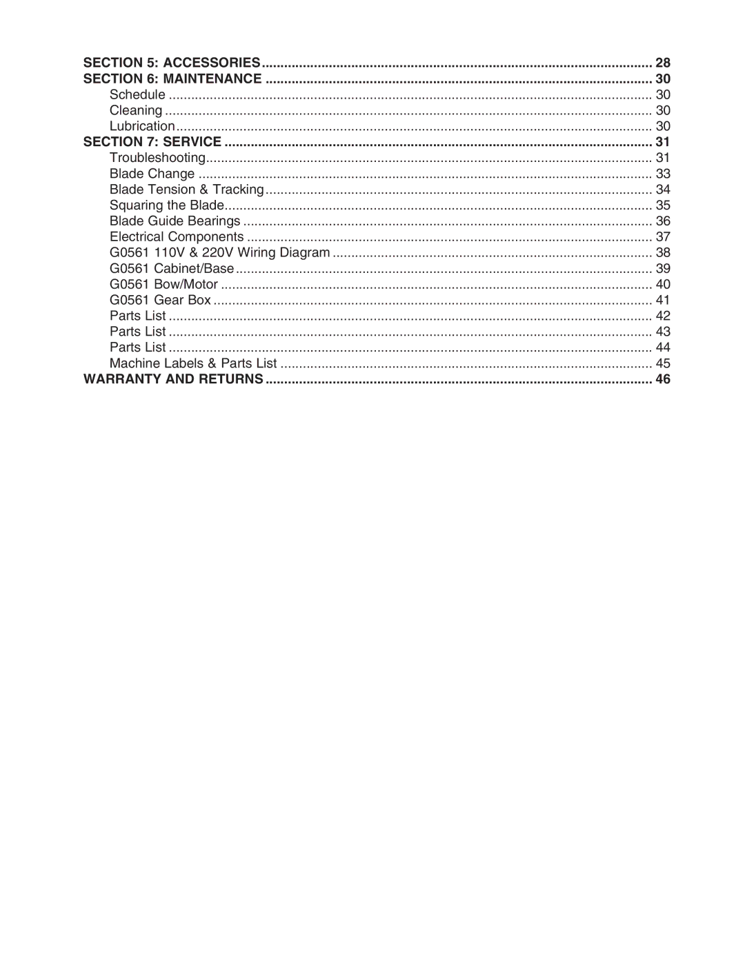 Grizzly G0561 owner manual Accessories Maintenance, Service, Warranty and Returns 