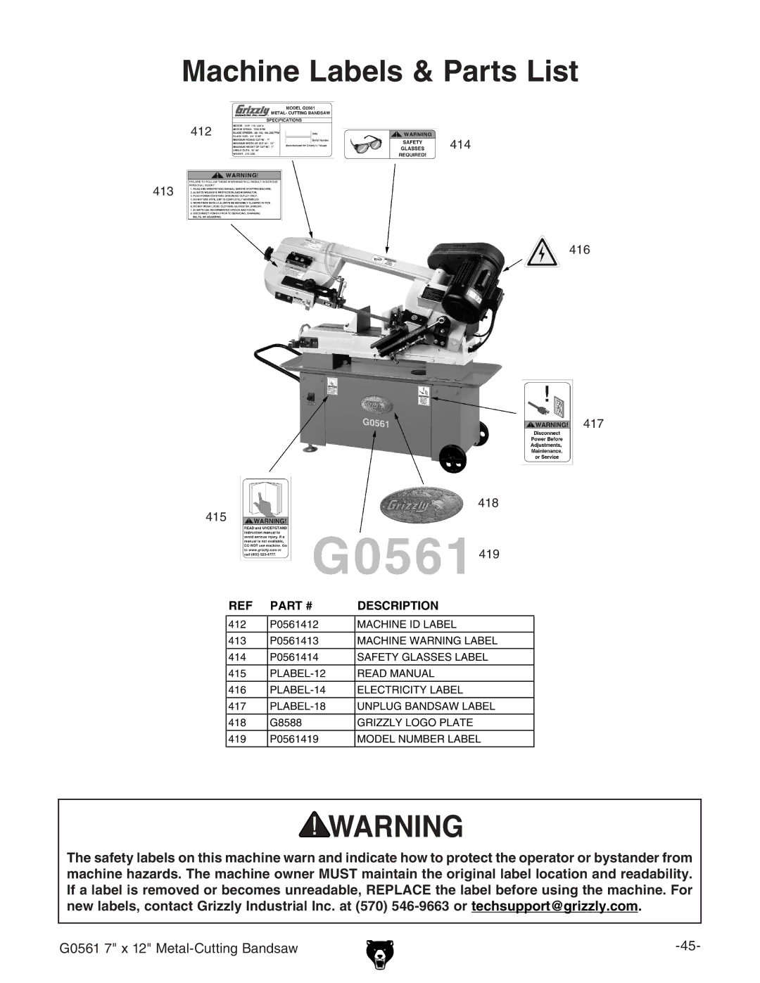 Grizzly G0561 owner manual Machine Labels & Parts List, Safety Label Placement 