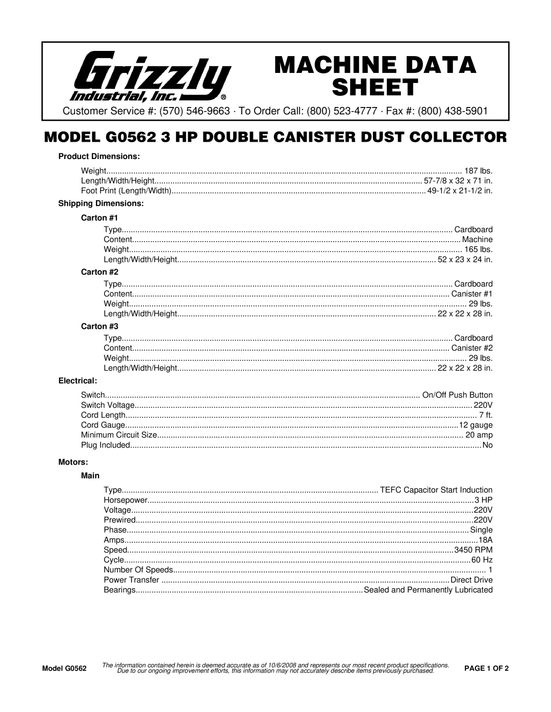 Grizzly G0562 specifications Product Dimensions, Shipping Dimensions Carton #1, Carton #2, Carton #3, Electrical 