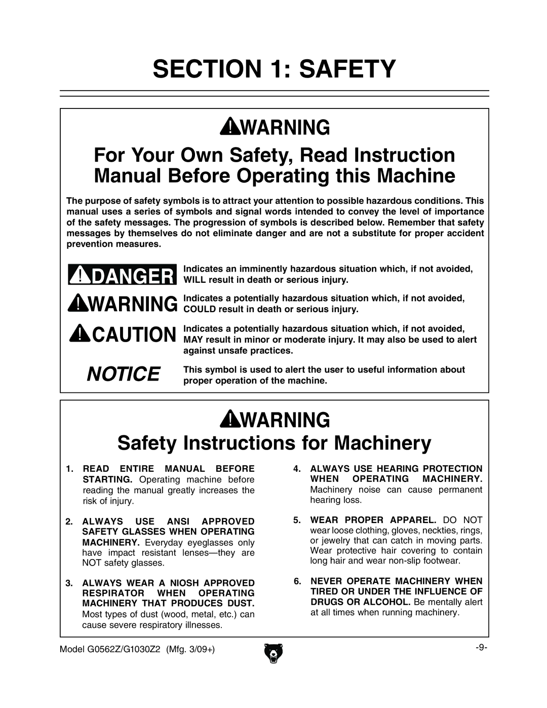 Grizzly G1030Z2, G0562Z owner manual Safety Instructions for Machinery 