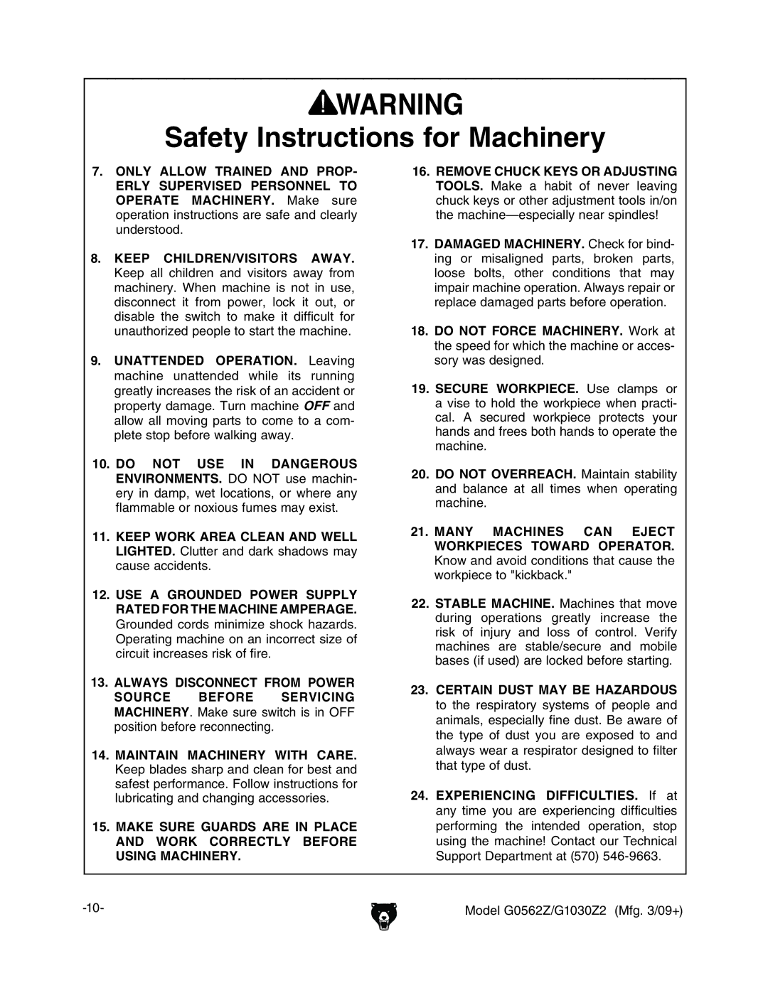 Grizzly G0562Z, G1030Z2 owner manual Keep CHILDREN/VISITORS Away 