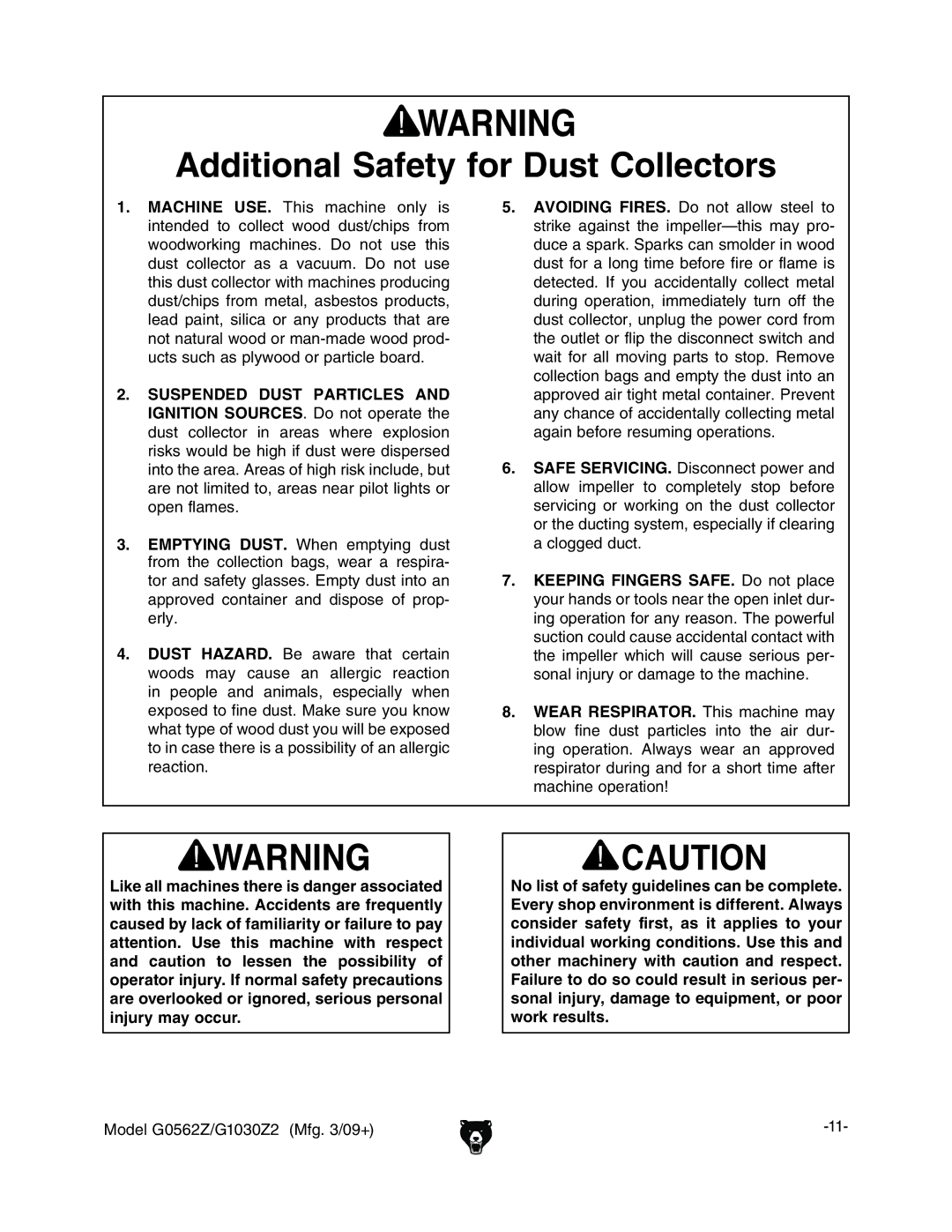 Grizzly G1030Z2, G0562Z owner manual Additional Safety for Dust Collectors, Avoiding Fires d cdi Vaadl hiZZa id 