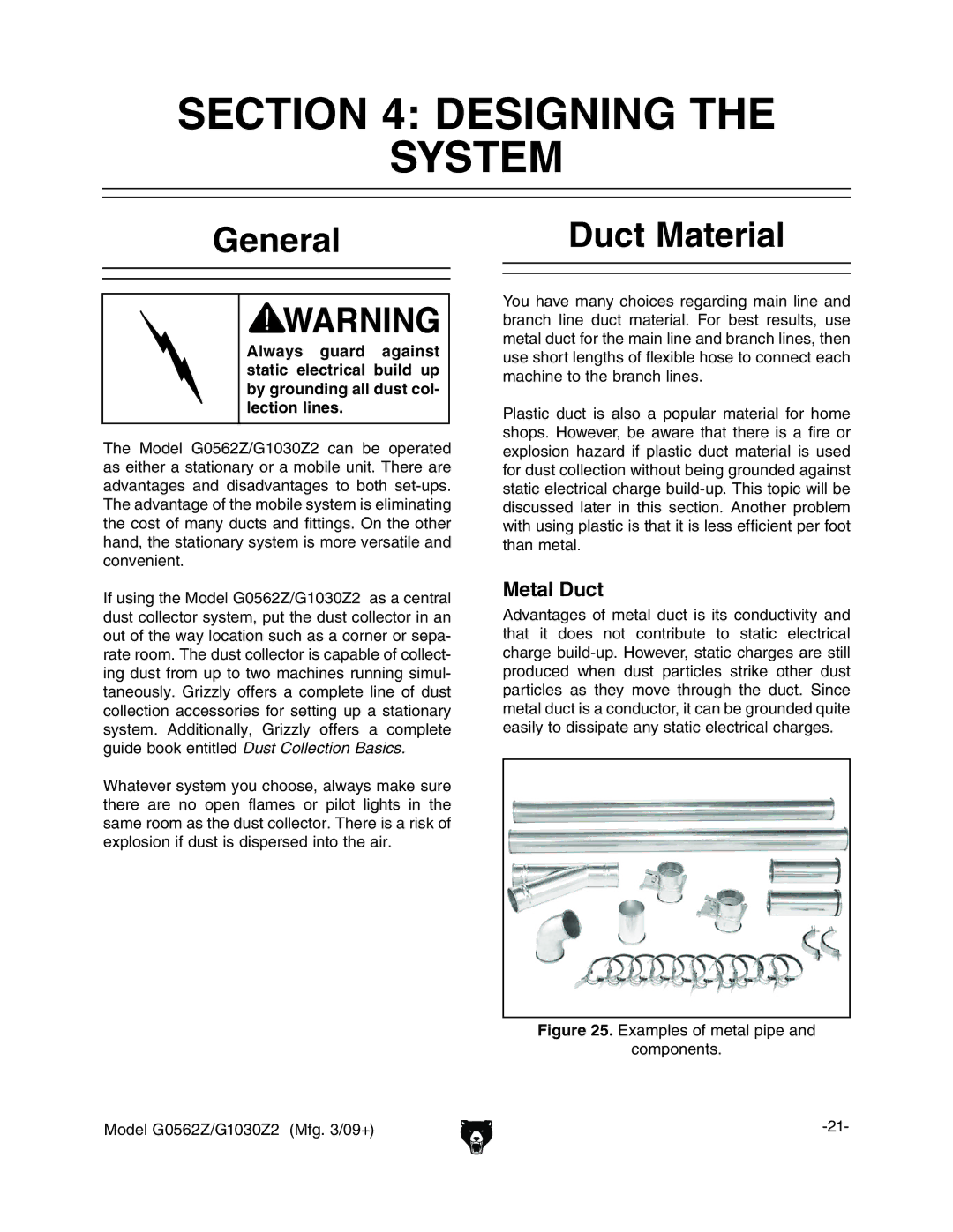 Grizzly G1030Z2, G0562Z owner manual Designing System, General Duct Material, Metal Duct 