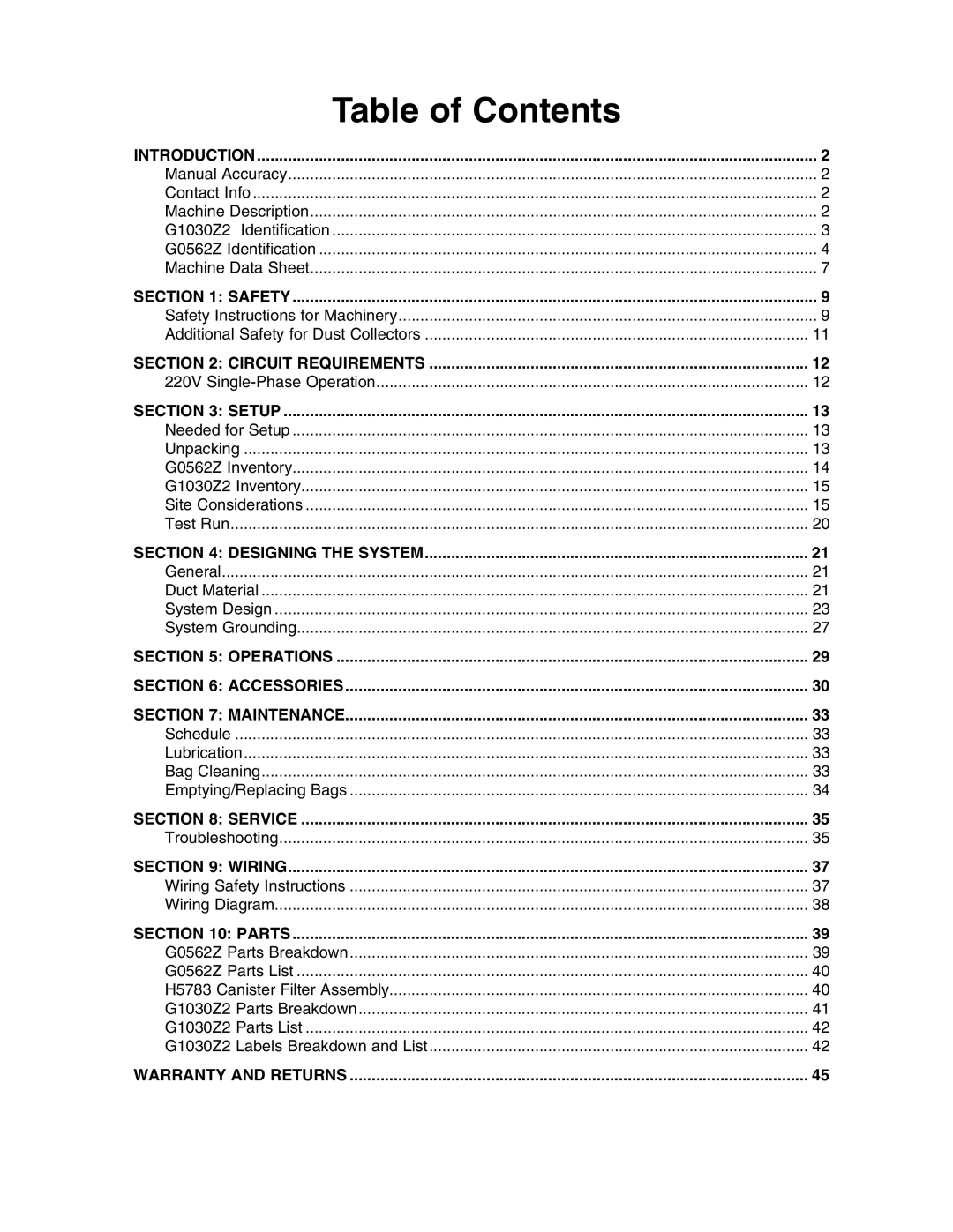 Grizzly G1030Z2, G0562Z owner manual Table of Contents 