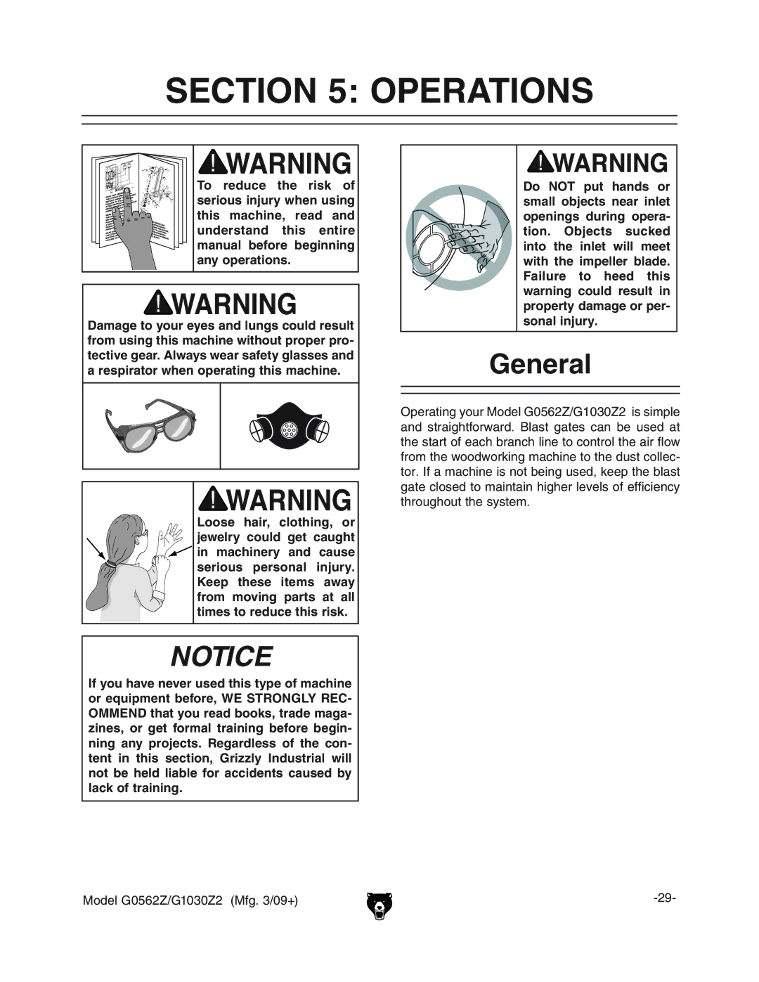 Grizzly G1030Z2, G0562Z owner manual Operations, General 