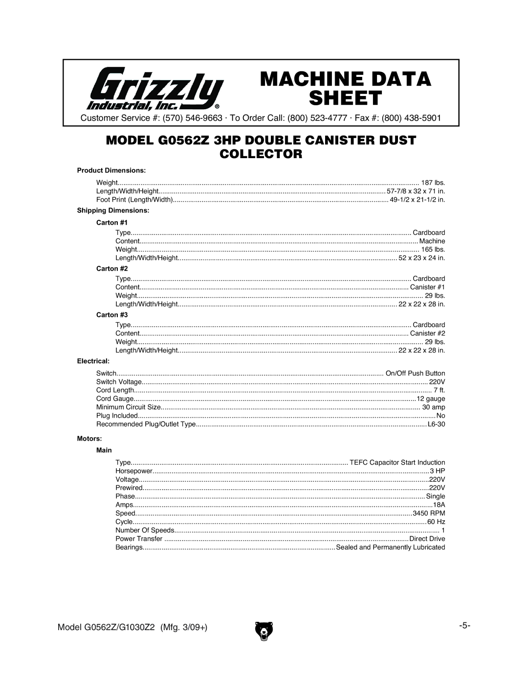 Grizzly G1030Z2, G0562Z owner manual Machine Data Sheet 