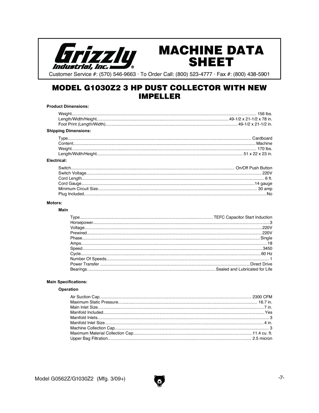 Grizzly G0562Z owner manual Model G1030Z2 3 HP Dust Collector with NEW Impeller 