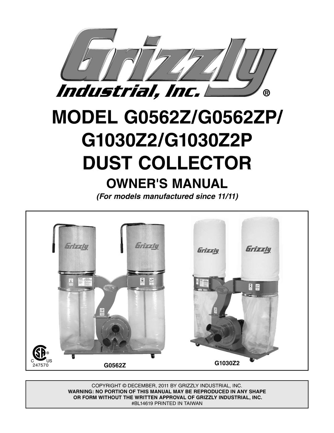 Grizzly owner manual Dust Collector, G0562Z G1030Z2 