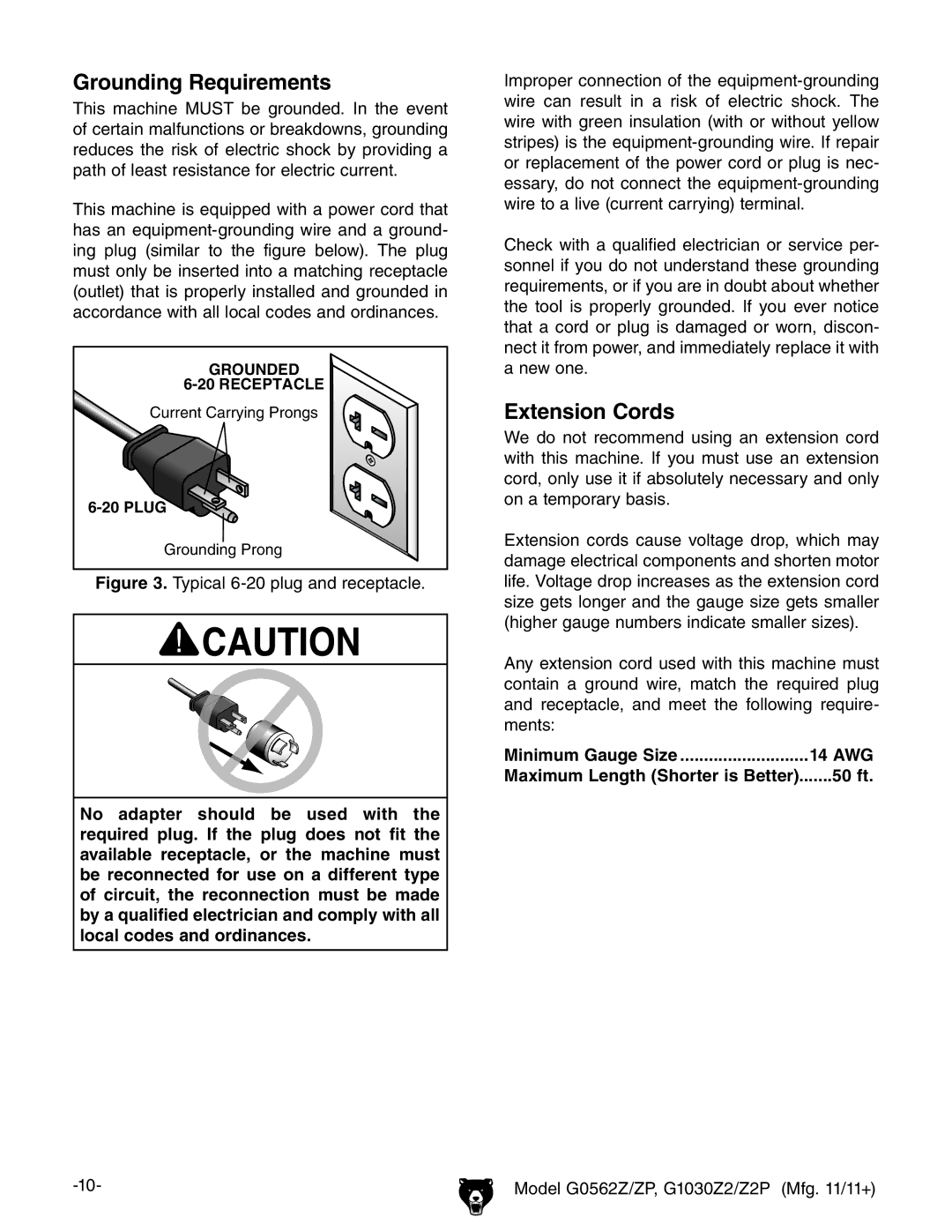 Grizzly G0562Z owner manual Grounding Requirements, Extension Cords, Minimum Gauge Size 14 AWG, 50 ft 