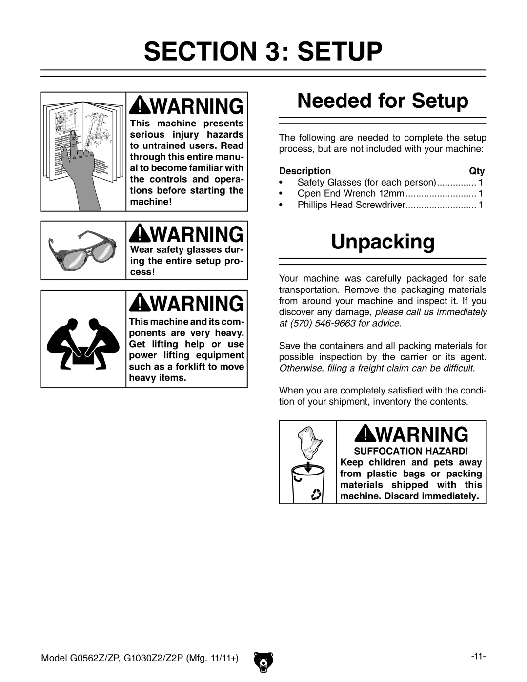 Grizzly G0562Z owner manual Needed for Setup, Unpacking, Description Qty 