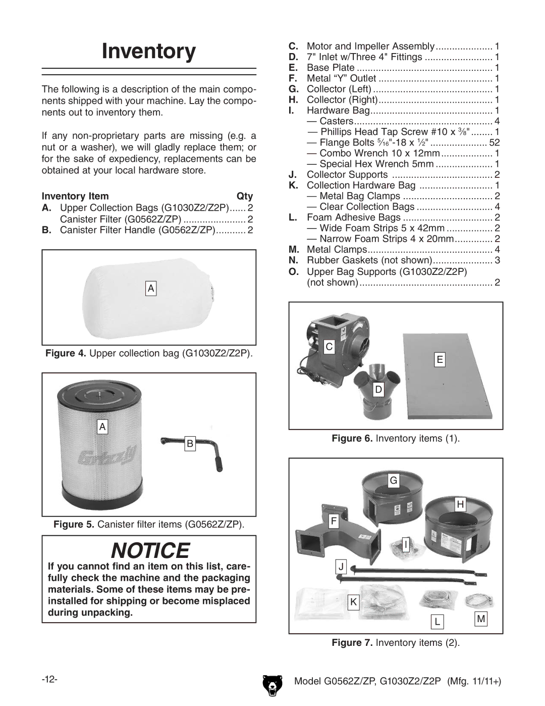 Grizzly G0562Z owner manual Inventory Item Qty 