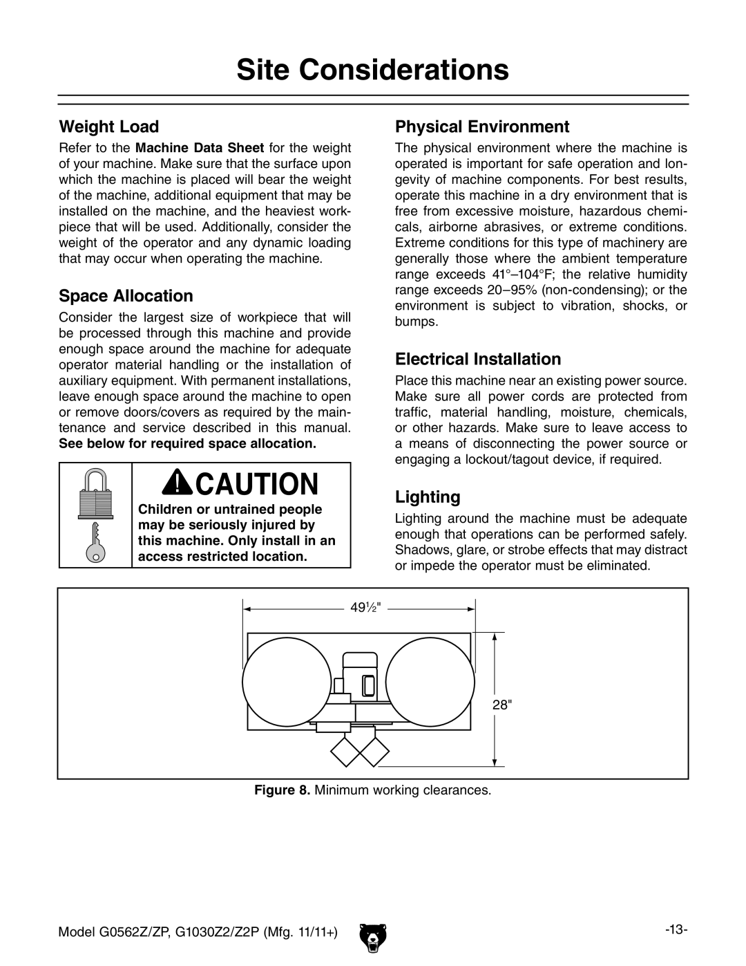 Grizzly G0562Z owner manual Site Considerations 