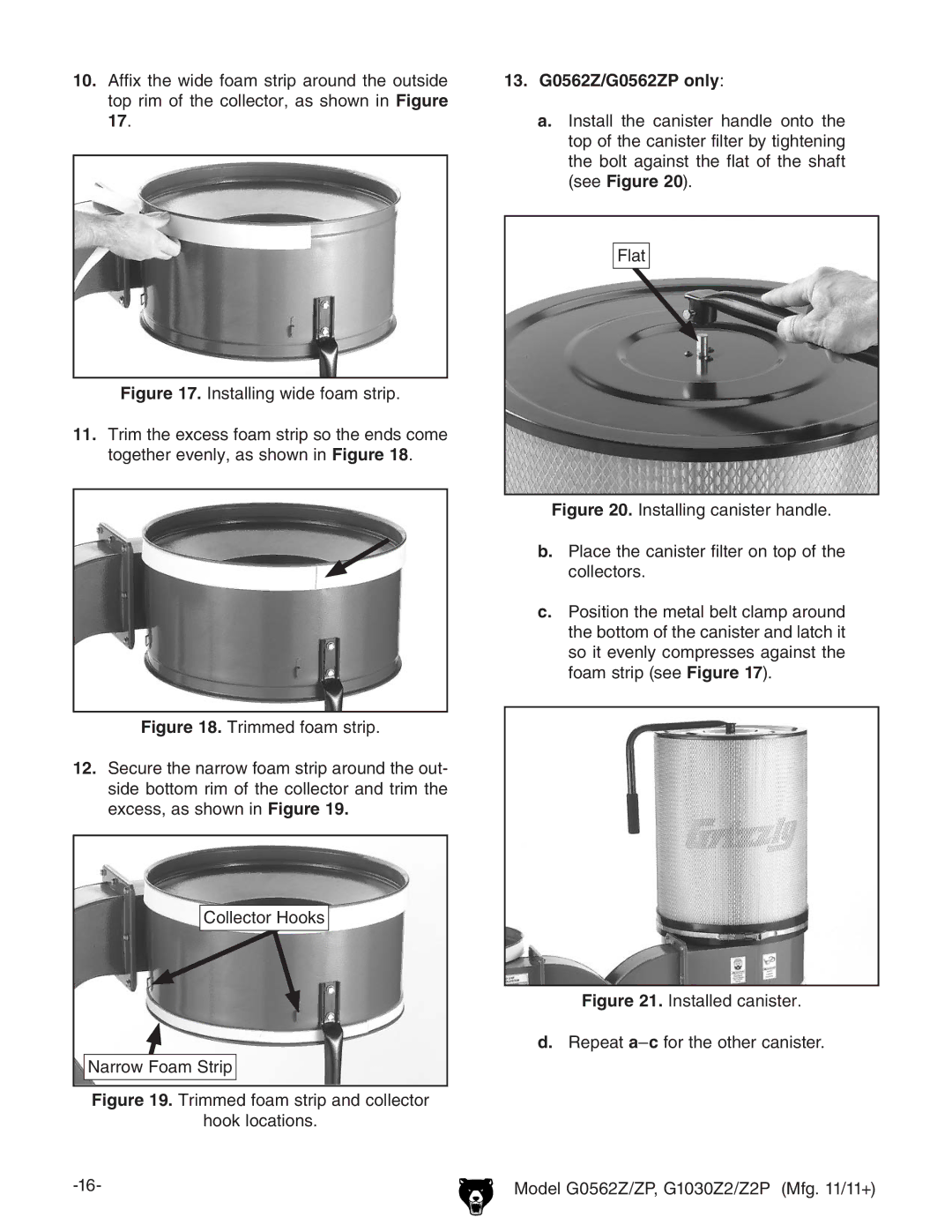 Grizzly owner manual Installing wide foam strip, 13. G0562Z/G0562ZP only 