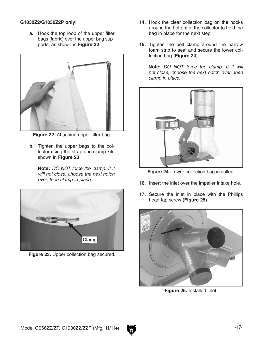 Grizzly owner manual G1030Z2/G1030Z2P only, Installed inlet Model G0562Z/ZP, G1030Z2/Z2P Mfg /11+ 