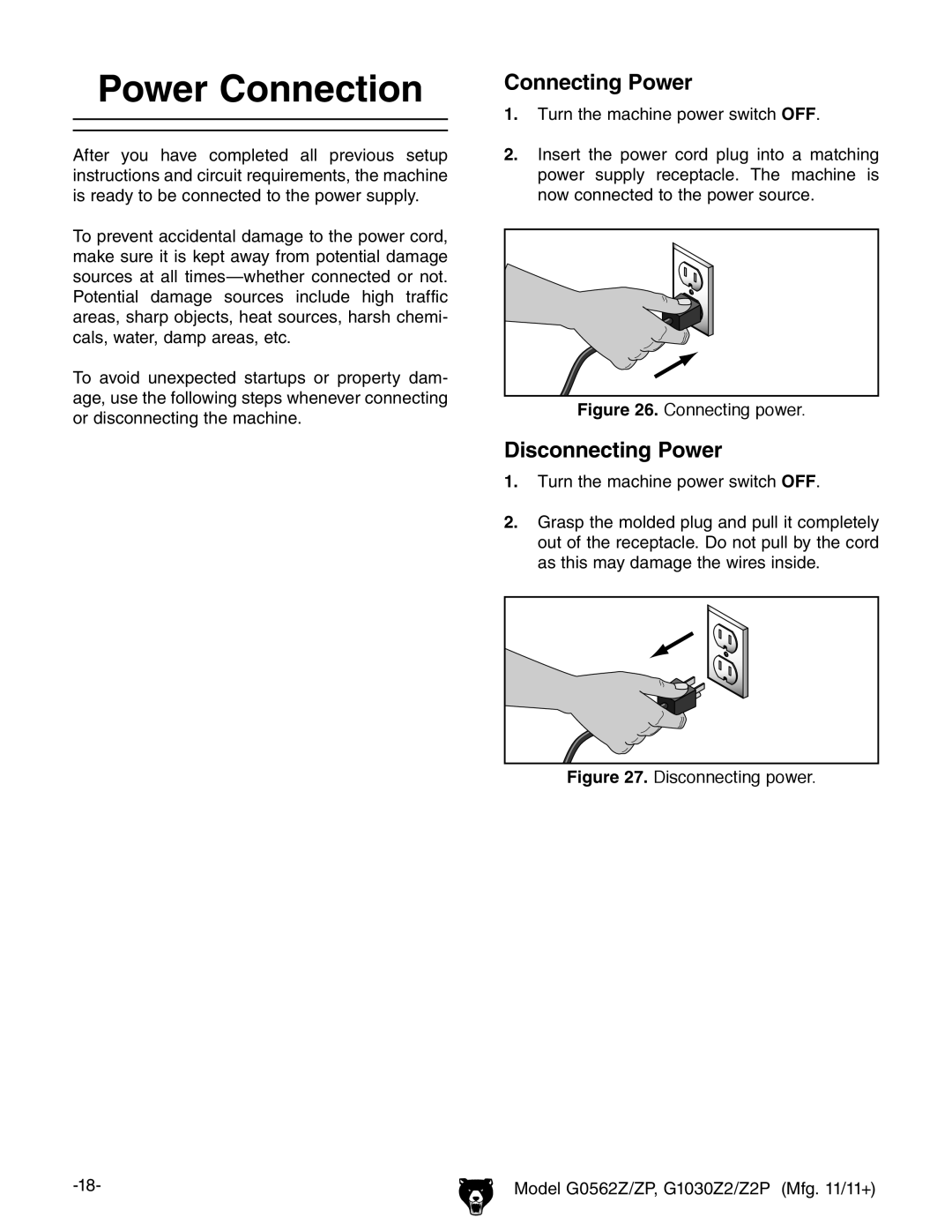 Grizzly G0562Z owner manual Power Connection, Connecting Power, Disconnecting Power 