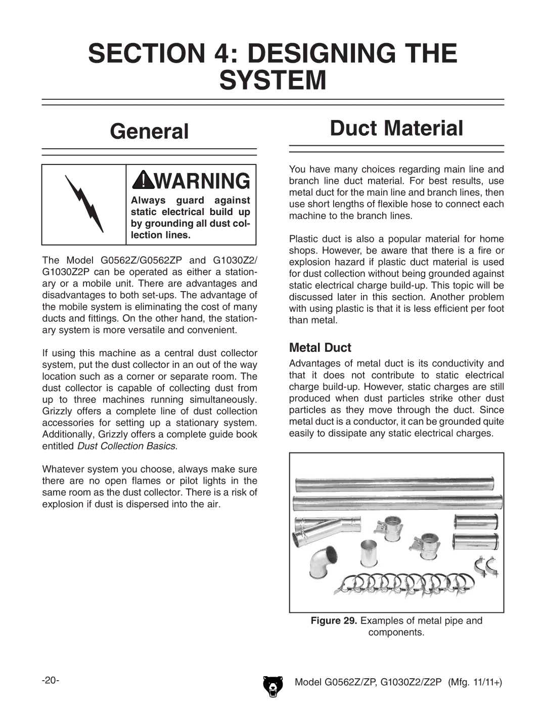 Grizzly G0562Z owner manual Designing System, General Duct Material, Metal Duct 