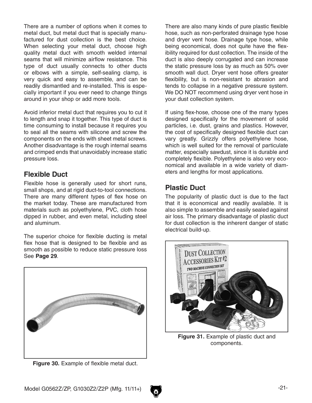 Grizzly G0562Z owner manual Flexible Duct, Plastic Duct 