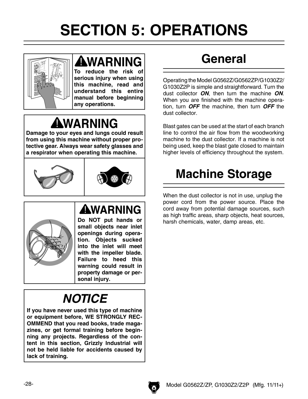 Grizzly G0562Z owner manual Operations, General, Machine Storage 