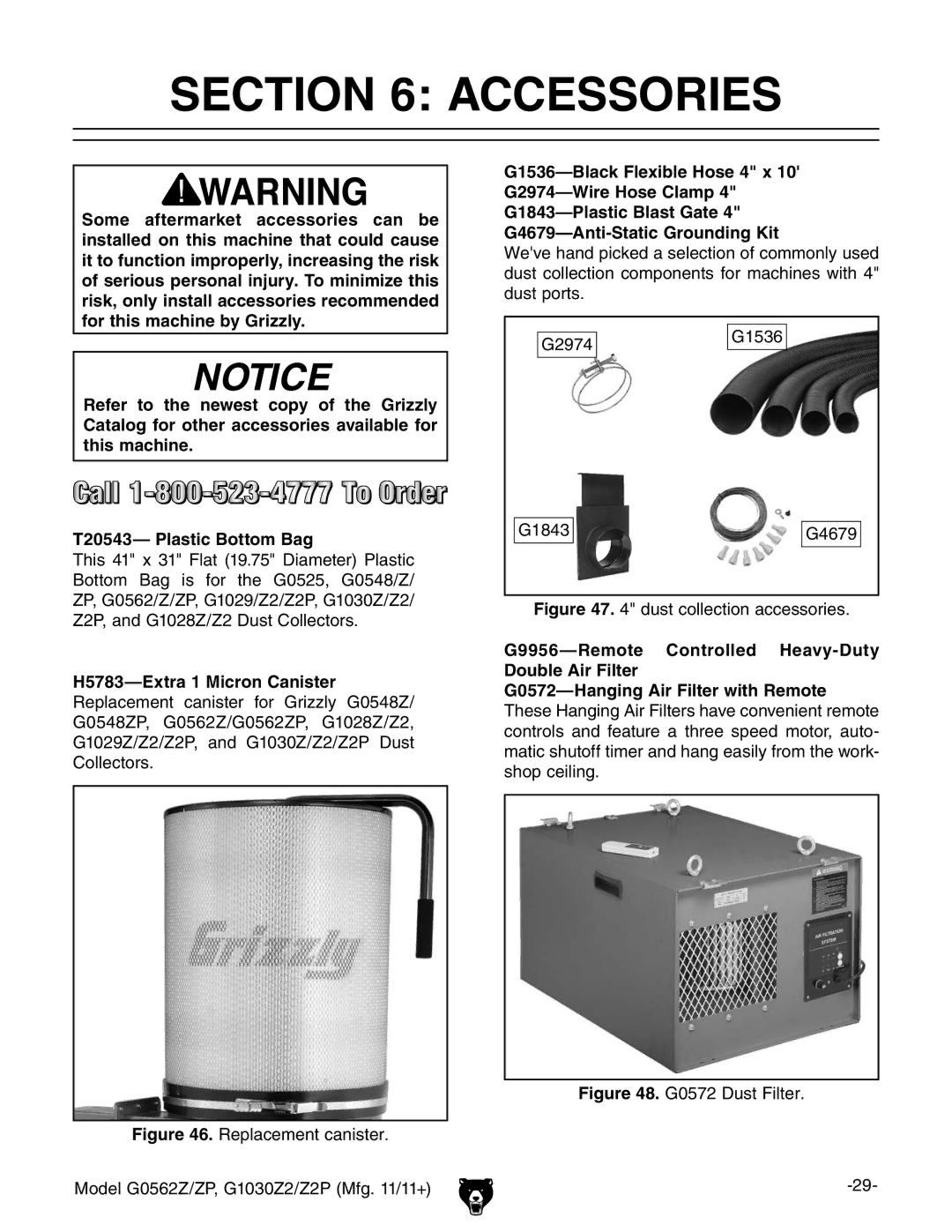 Grizzly G0562Z owner manual Accessories, Dust collection accessories 